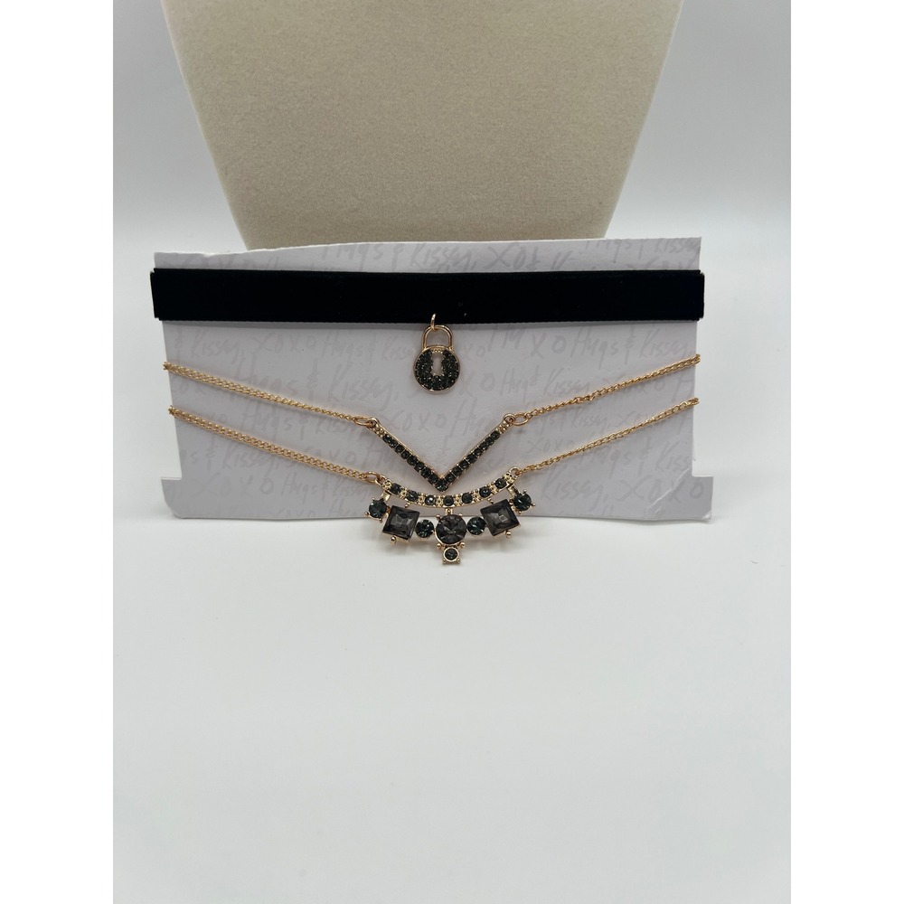 Black Velvet Choker and Gold Tone Layered Necklace Set Pave Lock Crystals